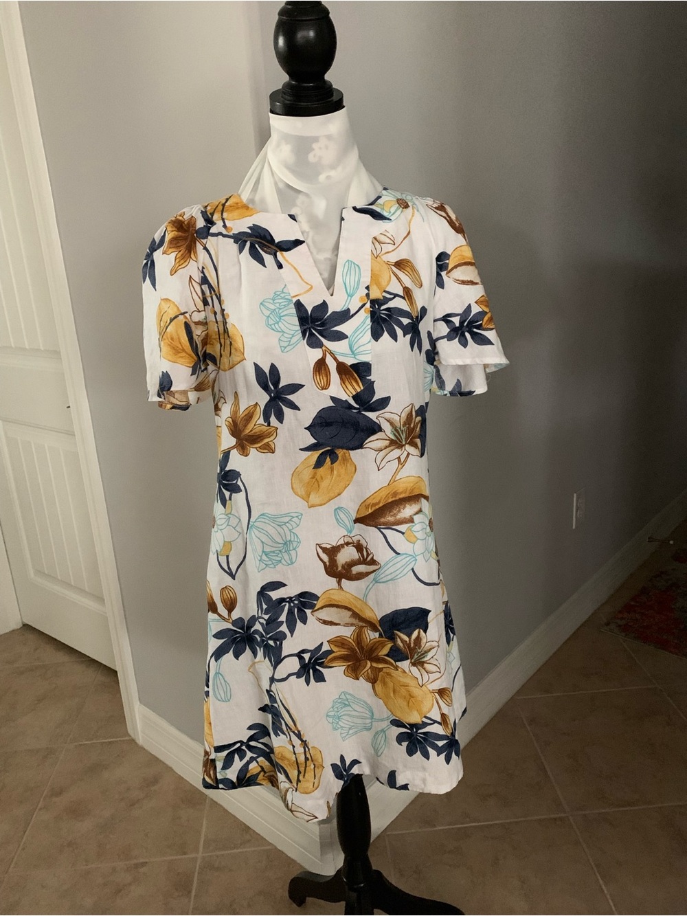 Chico's White Mini Dress with Navy, Mustard and Teal Floral Print